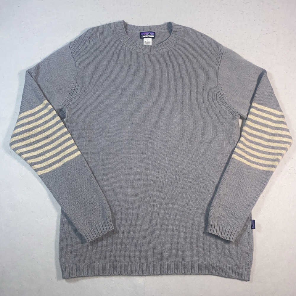 Patagonia Men's Size Large Gray Striped Lambswool Nylon Knit Pullover Sweater